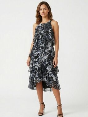 SL Fashions Tiered High-Low Animal-Print Dress in Black and Gray